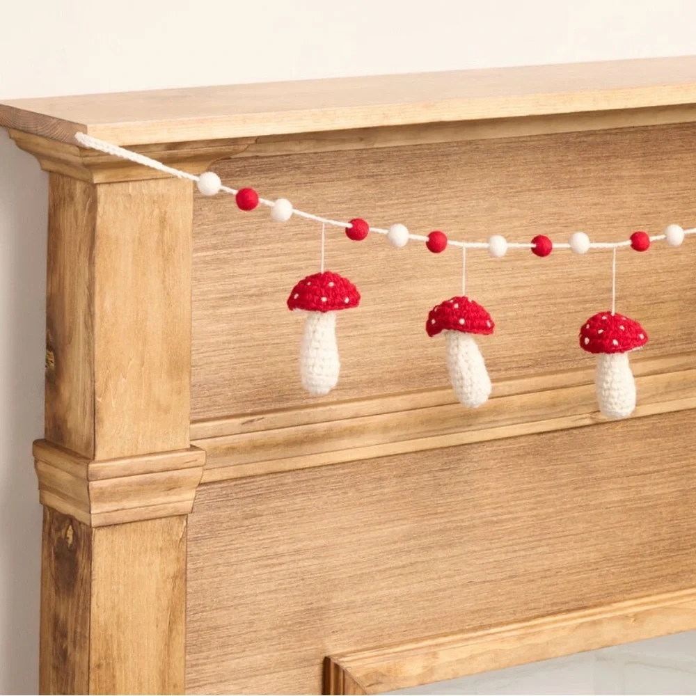 Red and White Crocheted Wool Mushroom Garland 48 inches